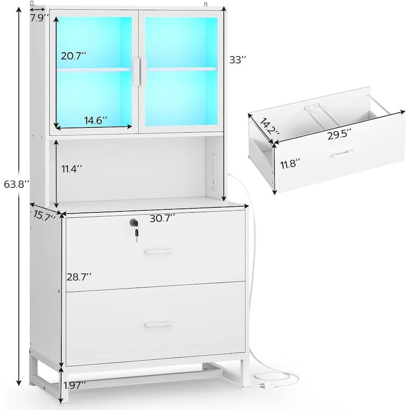 Classeur en bois avec serrure, étagère avec affichage LED, station de charge, organisateur de rangement latéral, blanc noir