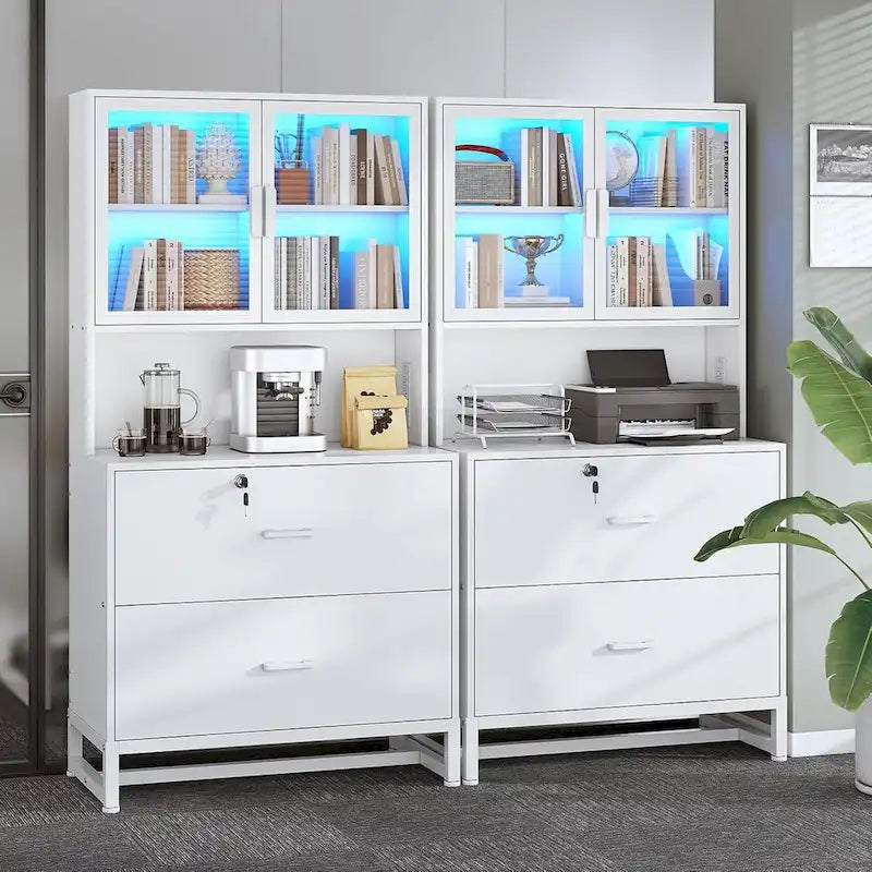 Classeur en bois avec serrure, étagère avec affichage LED, station de charge, organisateur de rangement latéral, blanc noir
