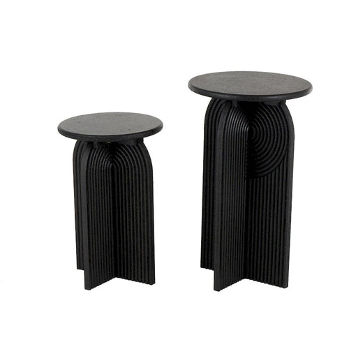 Wood Geometric Sandstone Carved Art Deco Arched Pedestal Side End Accent Table - Set of 2 Black - Roche River Decor