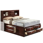 Lit Queen Size à panneaux avec bibliothèque et tiroirs, brun